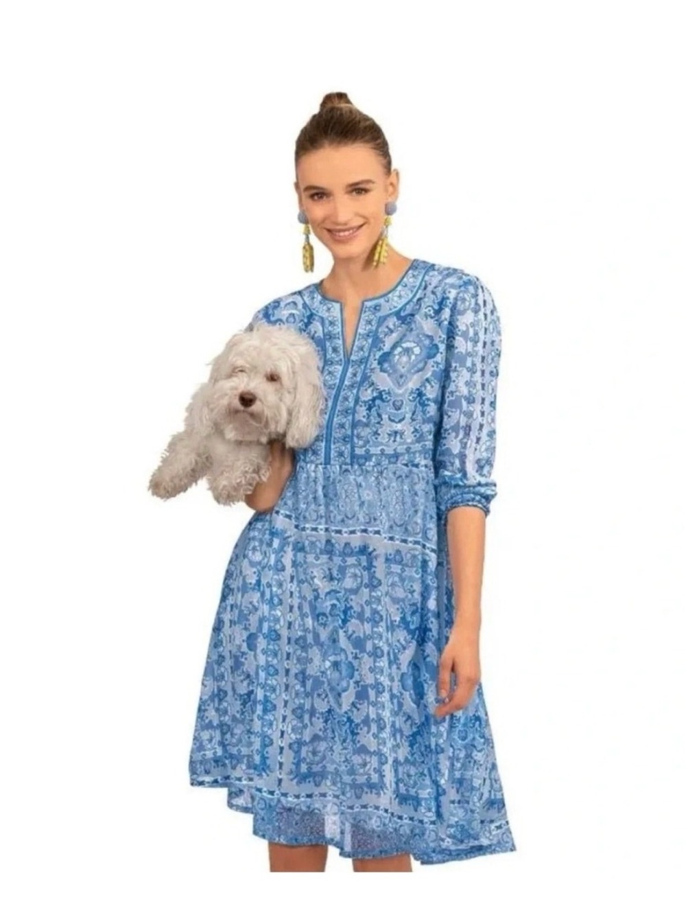 Gretchen Scott Designs Watteau Crinkly Borderline Midi Dress Blue Medium NEW NWT